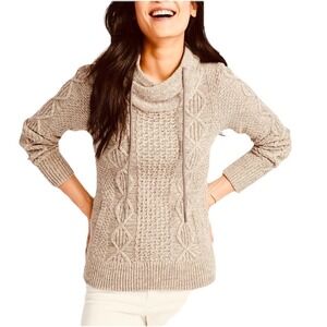 LL Bean Neutral Beige Fisherman Cable Cotton Funnelneck Sweater Size MEDIUM
